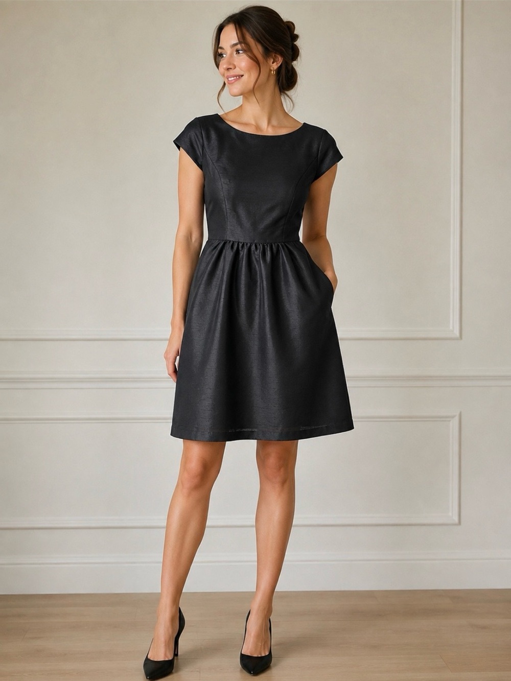Alfred Sung Black Size 8 Fit & Flare Boat Neck Cap Sleeve Dress